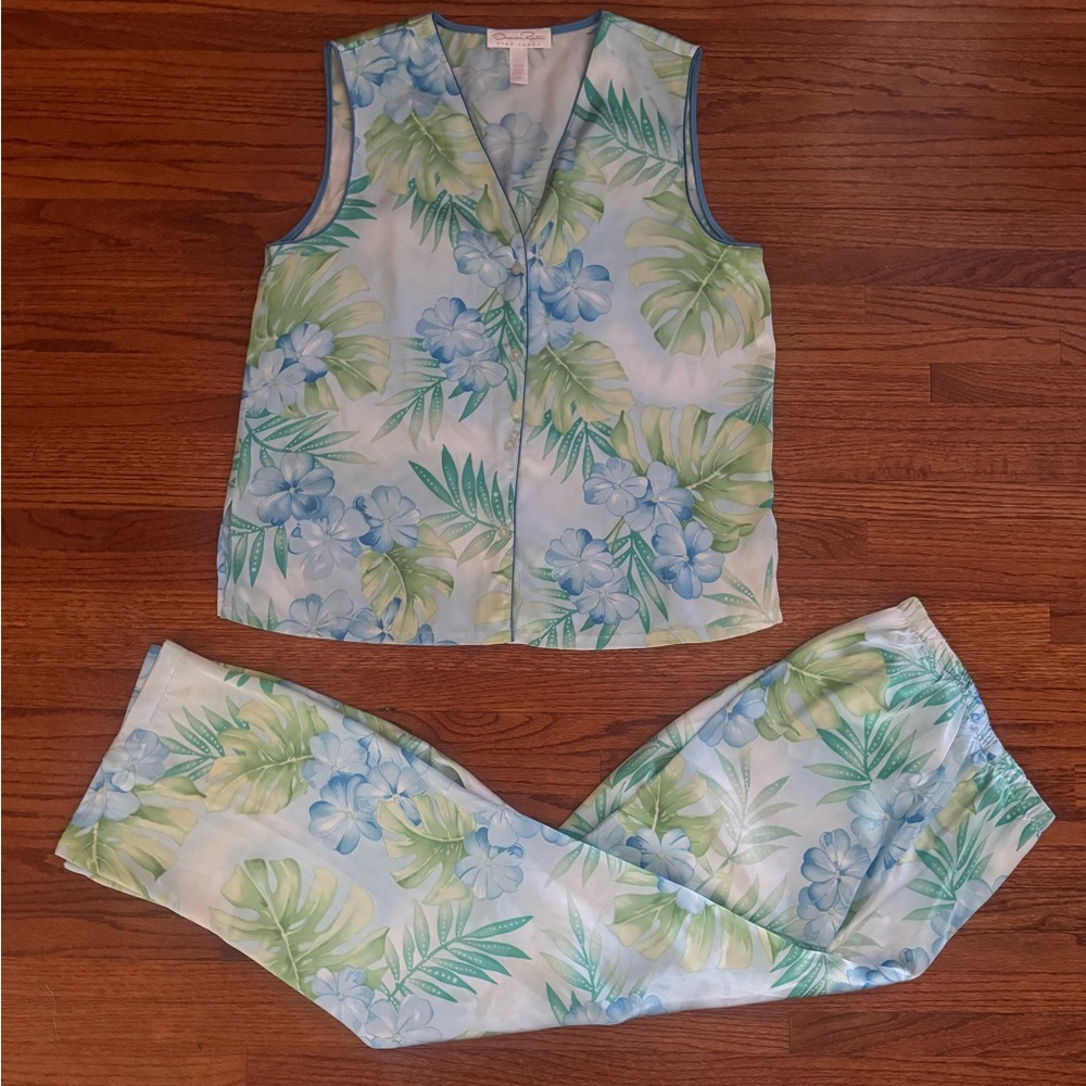 Oscar de la Renta Floral Pajama Set - Blue and Green